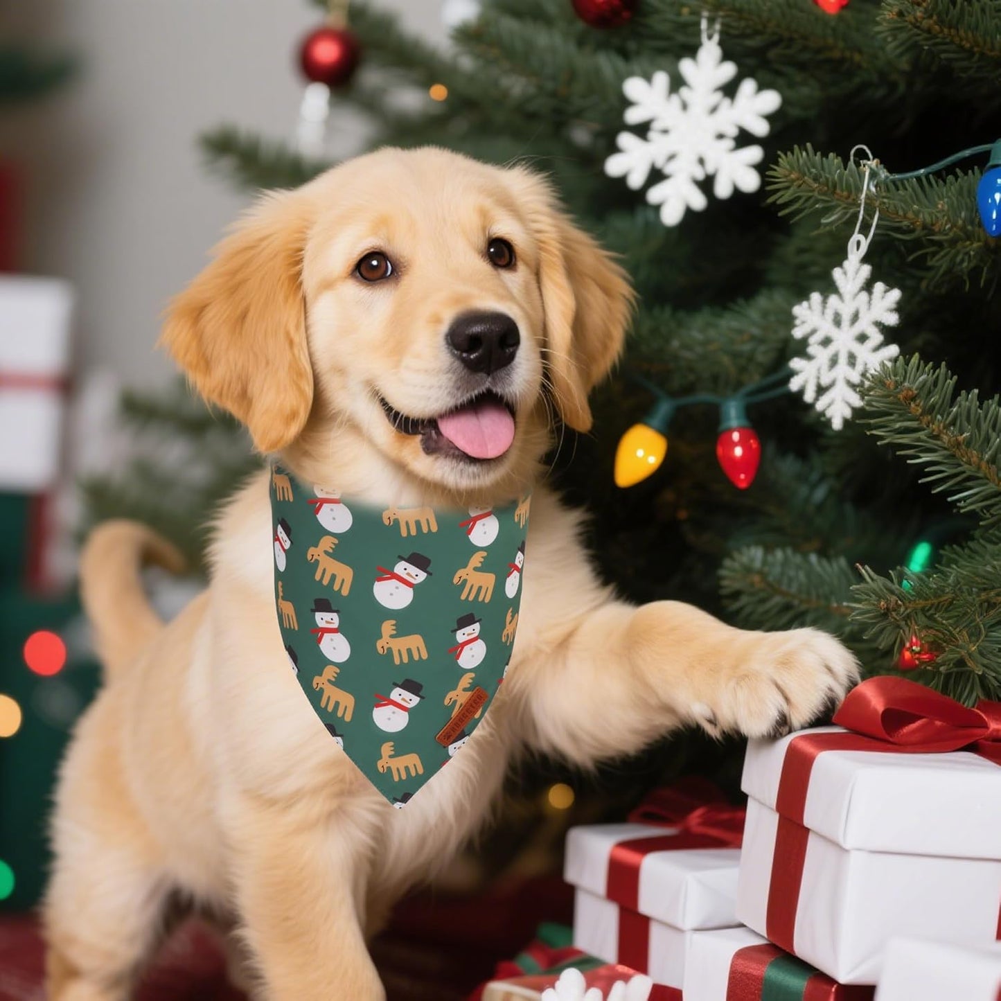 ADOGGYGO Green Christmas Dog Bandana, Snowman Reindeer Mug Puppy Scarf, Adjustable Fit Merry Christmas Bandanas for Small Dogs (Small)