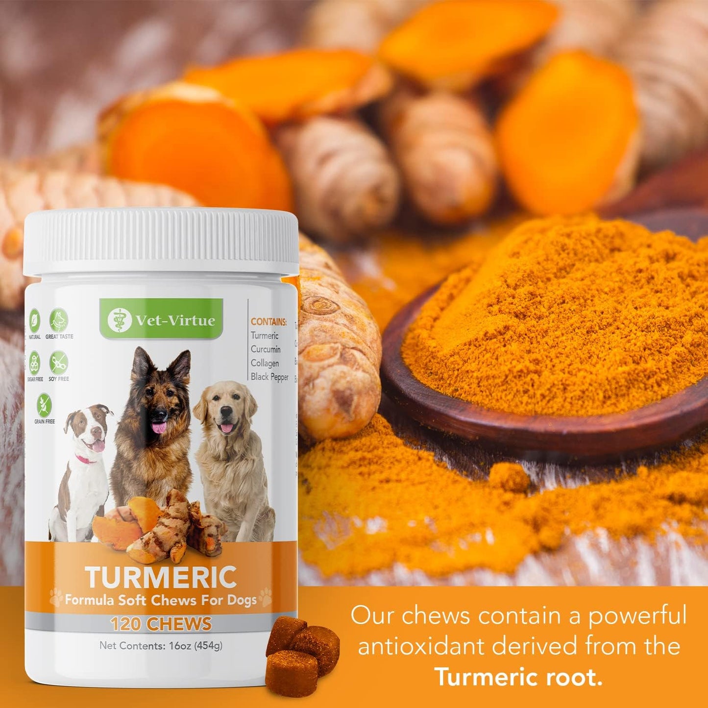 Turmeric for Dogs Anti Inflammatory Pain Relief | Organic Curcumin Dog Supplement with Collagen & Bioprene, Anti Inflammatory for Dogs, Supports HIPS, Joints & Mobility | 120 Count