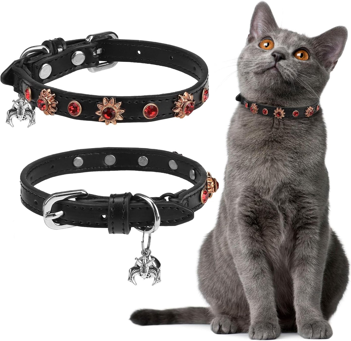 EXPAWLORER Halloween Leather Cat Collar - Adjustable Pet Collar with Rivet Spike for Girl Boy Cats, Punk Accessories with Bell & Durable D-Ring,Red Diamond Sunflower