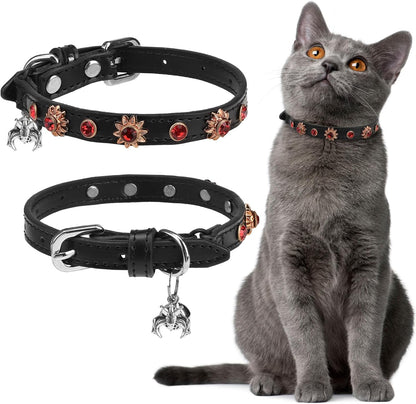 EXPAWLORER Halloween Leather Cat Collar - Adjustable Pet Collar with Rivet Spike for Girl Boy Cats, Punk Accessories with Bell & Durable D-Ring,Red Diamond Sunflower