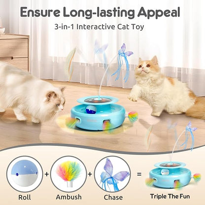 ORSDA Cat Toy, 3-in-1 Automatic Interactive Electronic Moving Ambush Feather, Fluttering Butterfly, Track Balls, USB Rechargeable Powered Smart Indoor Exercise Kicker