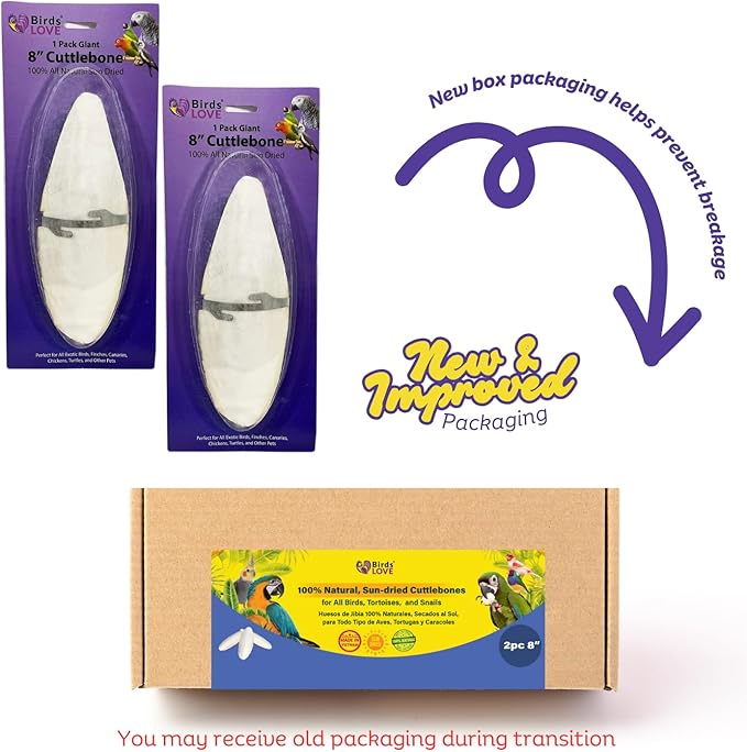 Birds LOVE 2 pc 7.5–8″ Sun-Dried Natural Cuttlebone Kit | 100 % Pure Calcium Supplement for Birds, Tortoises, Snails & Crabs | Beak & Shell Health with Metal Holder