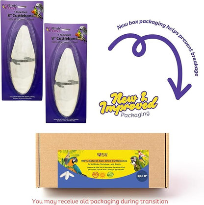 Birds LOVE 2 pc 7.5–8″ Sun-Dried Natural Cuttlebone Kit | 100 % Pure Calcium Supplement for Birds, Tortoises, Snails & Crabs | Beak & Shell Health with Metal Holder