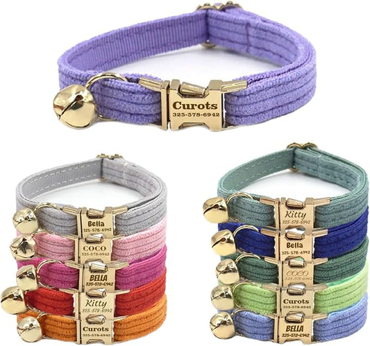 Personalized Cat Collar with Pet Name Phone Number Engraved Metal Buckle Personalized Adjustable Velvet Cat ID Collars with Bell for Kids and