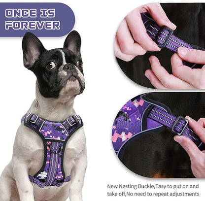 No Pull Dog Harness for Large Dogs, Adjustable No Choke Pet Vest with Dog Leash Fit Smart Reflective Pet Walking Harness for Training Easy Control Soft Handle Purple Camo L
