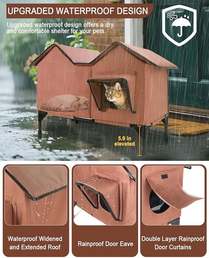 Extra Large Heated Cat House for Outside, Elevated Waterproof Outdoor Cat House Weatherproof for Winter, Insulated Outdoor Cat Shelter with Escape Doors and Heating Pad for Multiple Cats, Brown