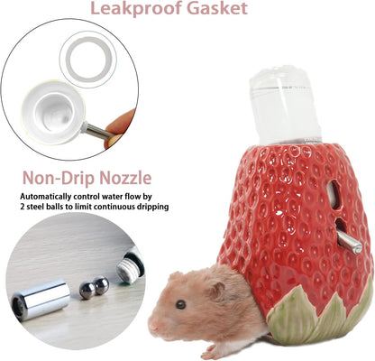 Hamster Water Bottle, Strawberry Ceramic Hamster Gerbil Water Bottle for Glass Tank, Dispenser, 80ML Bottle for Water Holder Stand with 2 No Drip Caps for Syrian Mice, Gerbil