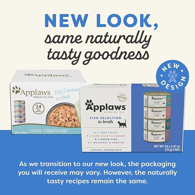 Applaws Natural Wet Canned Cat Food, Limited and Natural Ingredients, High Protein with No Artificial Additives, Fish Selection Variety Pack in Broth (24 x 2.47oz Cans)