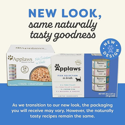 Applaws Natural Wet Canned Cat Food, Limited and Natural Ingredients, High Protein with No Artificial Additives, Fish Selection Variety Pack in Broth (24 x 2.47oz Cans)
