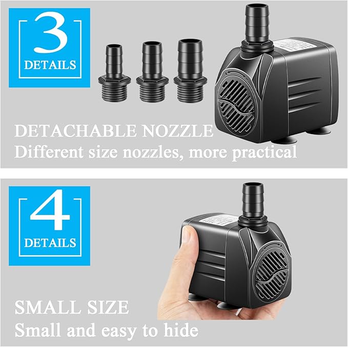 Submersible Pump, Small Fountain Pump with Tubing, Submersible Water Pump for Aquarium Fish Tank Indoor or Outdoor Pond Fountain Hydroponics Statuary (25W 400GPH, No Led Light)