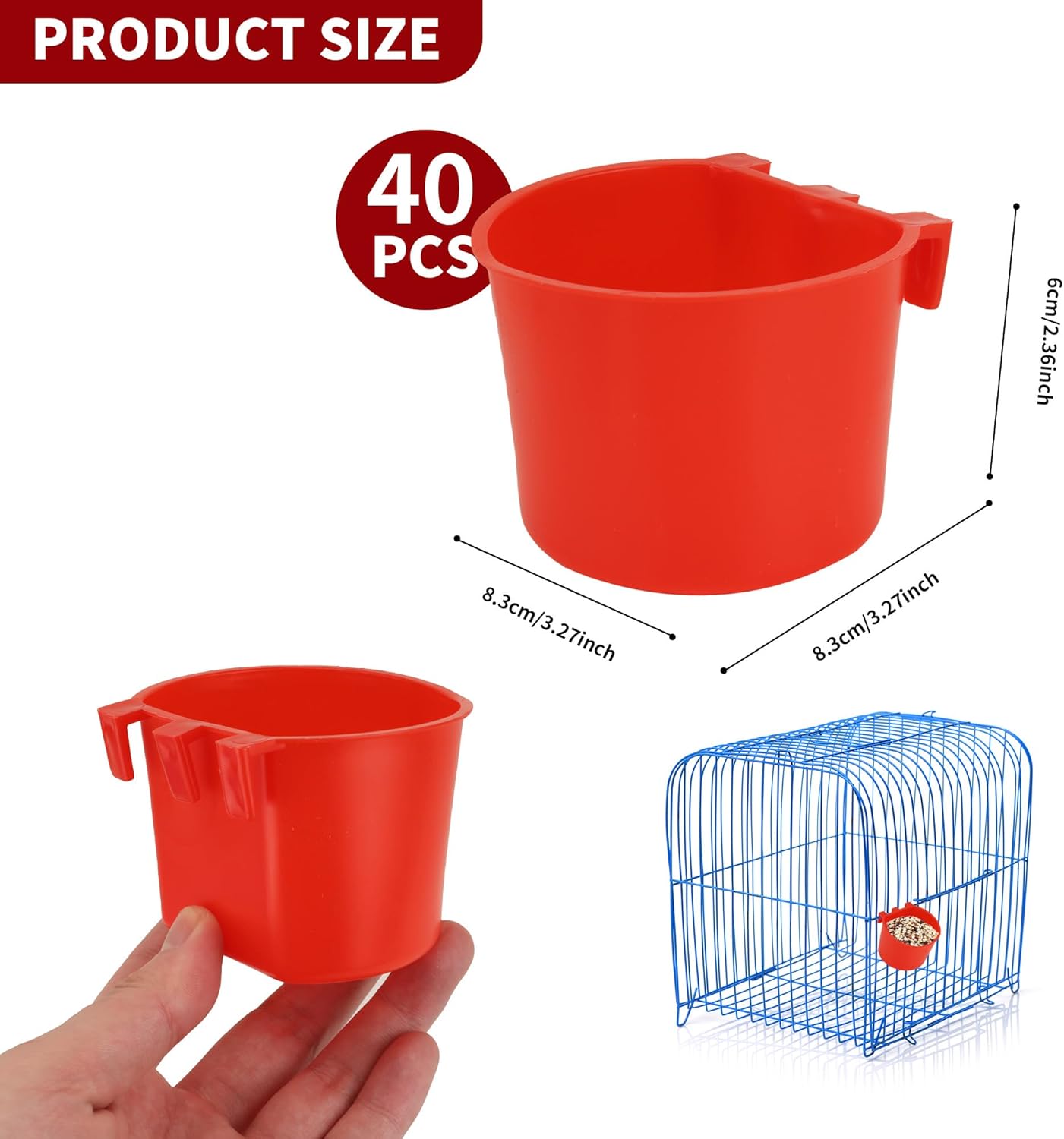 40 Pcs Cage Cups Birds Feeders Bird Water Dispenser Hanging Quail Waterer Plastic Chicken Feeding Watering Dish for Small Coop Parrot Parakeet PET Poultry Pigeon Gamefowl Food Seed Bowl Supplies(Red)