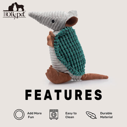 Hollypet Plush Dog Squeaky Toy Stuffed Armadillo Animal Pet Puppy Chew Toys with Clean Teeth for Small Medium Large All Breed Sizes Dogs, Deep Green, 10in
