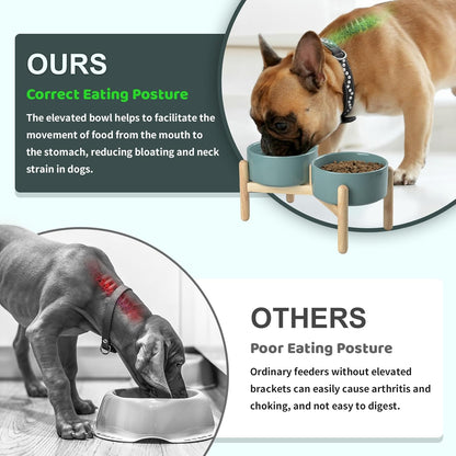 SPUNKYJUNKY Ceramics Elevated Dog Feeding Stand with Wooden Base - Double 60oz Bowls for Medium Large Dogs (Dark Green)