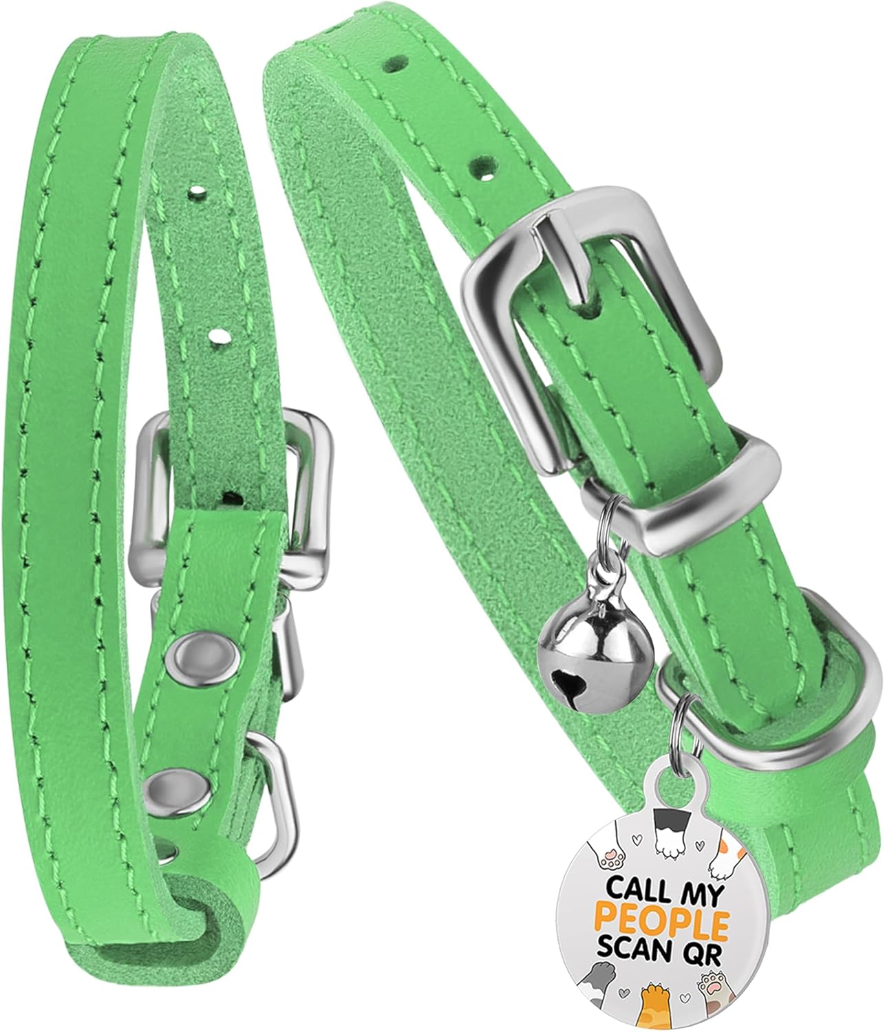BRONZEDOG Leather Cat Collar with Removable Bells Non Breakaway Kitten QR Tag for Girl Boy (9" - 12" Cats/Mini Dogs, Green & Silver)