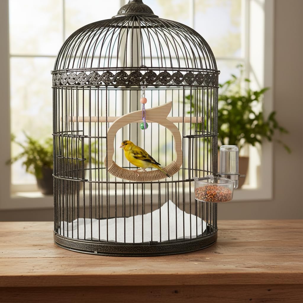 Wooden Bird Swing Perch Toy for Small and Medium Parrots, Natural Wood Ring with Bell and Rope Wrap, Hanging Cage Toy for Cockatiels, Budgies, Lovebirds, Conures