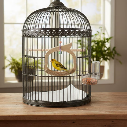 Wooden Bird Swing Perch Toy for Small and Medium Parrots, Natural Wood Ring with Bell and Rope Wrap, Hanging Cage Toy for Cockatiels, Budgies, Lovebirds, Conures