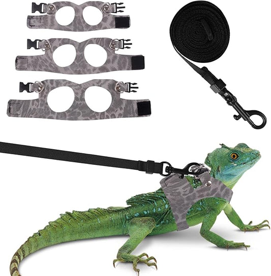 Bearded Dragon Lizard Leash Harness 3 Size Pack Leopard Print Lizard Harness Leash for Outdoor Small Reptiles Animal Squirrels (Grey)