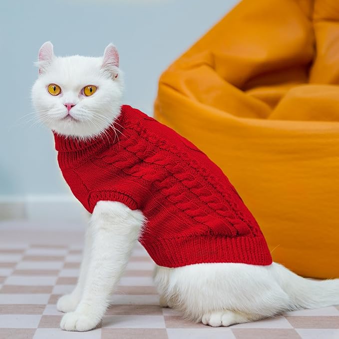 PUPTECK Winter Cat Sweater Coat - Soft Warm Cold Weather Clothes Knitwear for Kittens & Small Dogs Indoor Outdoor Wearing, Knitted Classic for Doggies Kitties, Red, M
