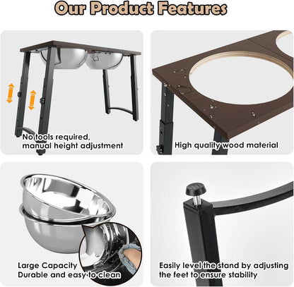 Elevated Dog Bowls for Large and X-Large Dogs, with Spill Proof Mat, 4 Heights Adjustable Wood Raised Dog Bowl Stand with Two Stainless Steel Food and Water Bowls, Non-Slip