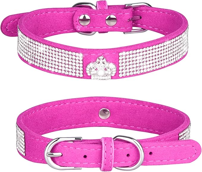 Rhinestone Dog Collar, Cute Dazzling Sparkling Soft Suede Leather Adjustable Pet Dog Cat Collar Crystal Diamond for Puppy Small Medium Large Dogs (M:32-38cm, Hot Pink-4)