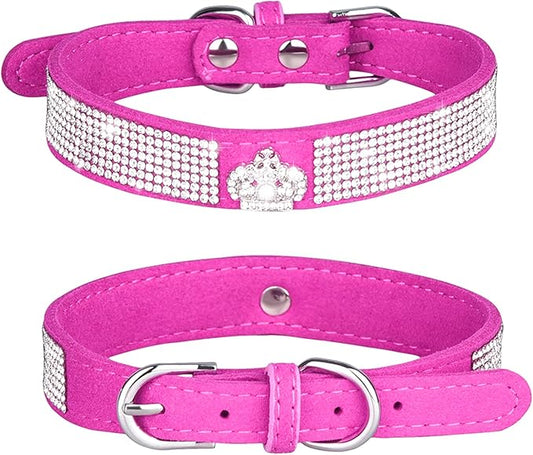Rhinestone Dog Collar, Cute Dazzling Sparkling Soft Suede Leather Adjustable Pet Dog Cat Collar Crystal Diamond for Puppy Small Medium Large Dogs (L:38-46cm, Hot Pink-4)