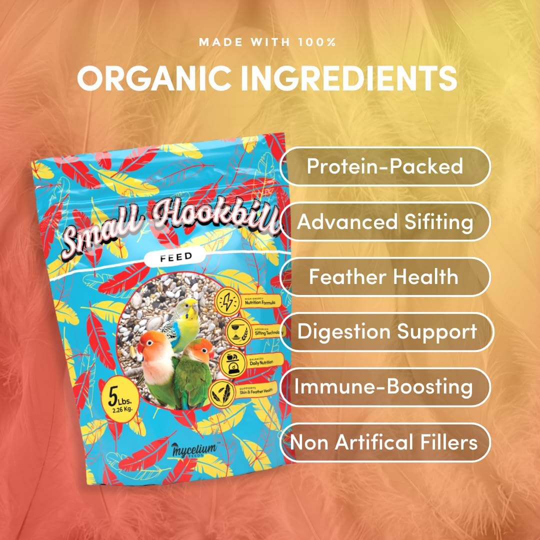 Mycelium Small Hookbill Feed (5 LBS) | Organic, Non‑GMO Bird Food for Cockatiels, Conures & Lovebirds | Filler‑Free with Hulled Seeds | Daily Energy, Skin & Feather Support | Made in USA