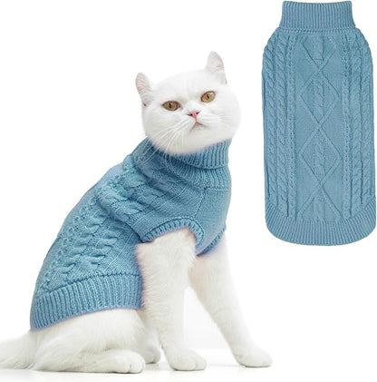 PUPTECK Winter Cat Sweater Coat - Soft Warm Cold Weather Clothes Knitwear for Kittens & Small Dogs Indoor Outdoor Wearing, Knitted Classic for Doggies Kitties Girls Boys, Sky Blue, M