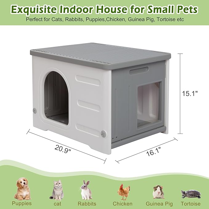 Waterproof Cat House for Outdoor Cats, Plastic Feral Cat House with Escape Door and Soft Mat, Large Indoor Cat House for Mutiple Cats - Grey