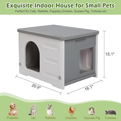 Waterproof Cat House for Outdoor Cats, Plastic Feral Cat House with Escape Door and Soft Mat, Large Indoor Cat House for Mutiple Cats - Grey