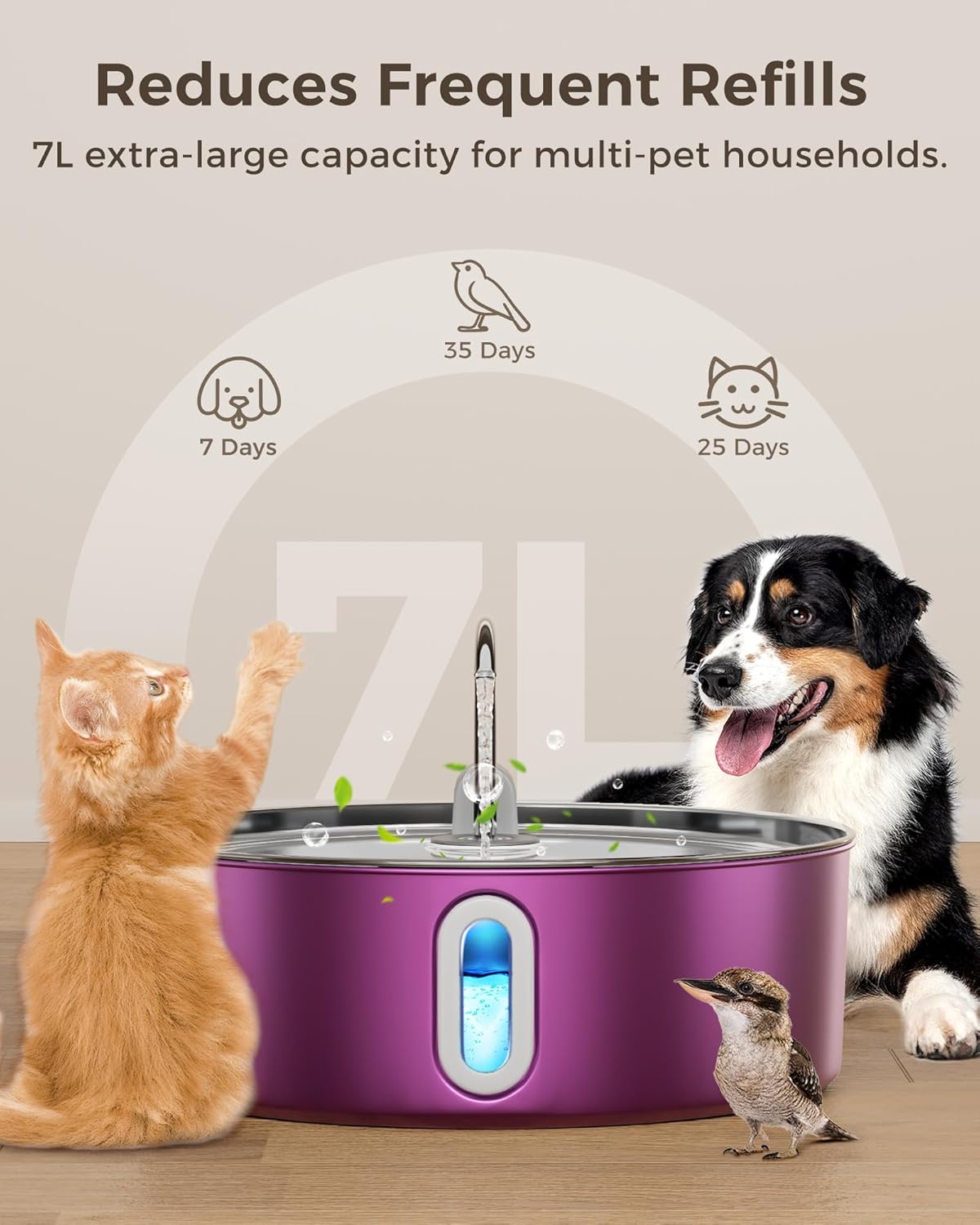 Dog Water Fountain for Large Dogs 7L/236oz Stainless Steel Dog Water Bowl Dispenser Automatic Pet Water Fountain, Multi-Filtration Pet Fountain with Ultra-Quiet Pump (Pink)