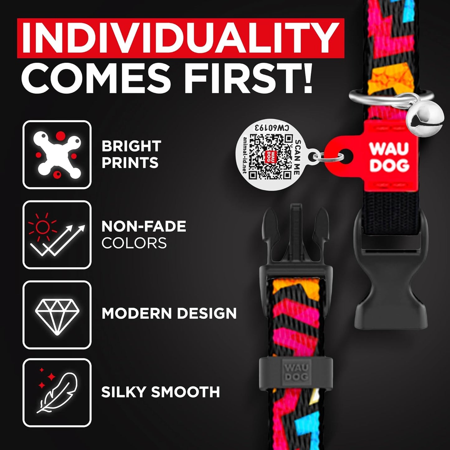 WAUDOG Nylon Cat Collar with Removable Bell and QR ID Tag for Small, Medium and Large Breeds Adjustable Long Lasting Durable Kitten Collars Boy & Girl