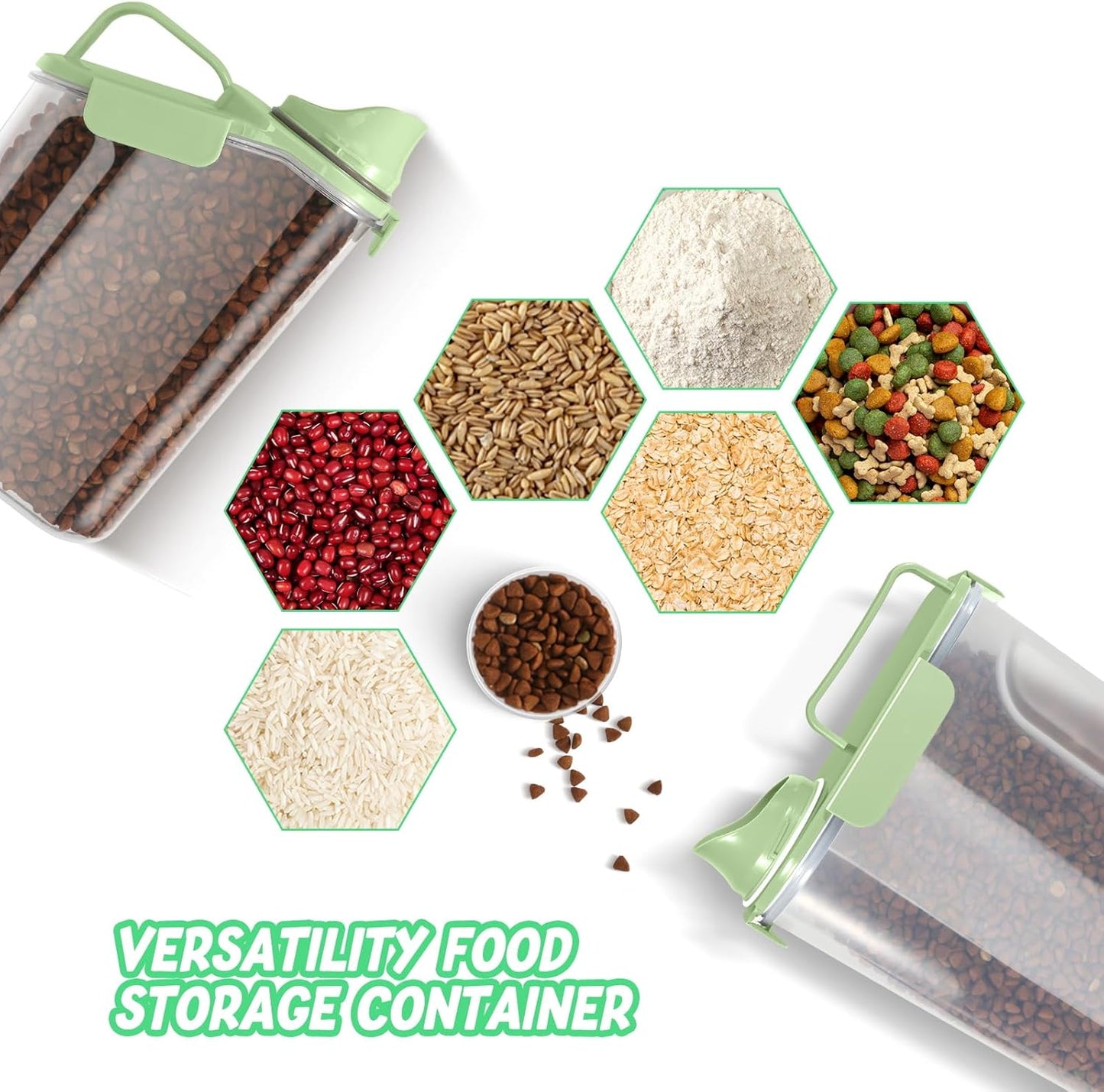 3+5LBS 2Pack Cat Dog Food Storage Container Upgraded Large Nozzle BPA-free, Plastic Pet Food Containers, With 4 Sealed Clasps/1 Measuring Cup/Handle Easy Clean and Carry (Green)