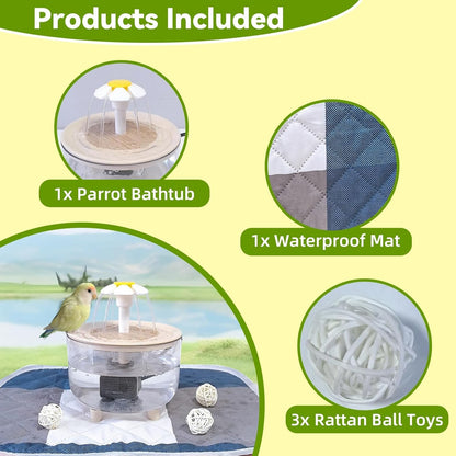 kathson Parrot Bathtub,Automatic Bird Bath Shower,Parakeet Bath Tub with Petal Circulating Filter Fountain,Birds Cage Bathing for Small Medium Parrots Lovebirds Conures Finches Cockatiels Budgie