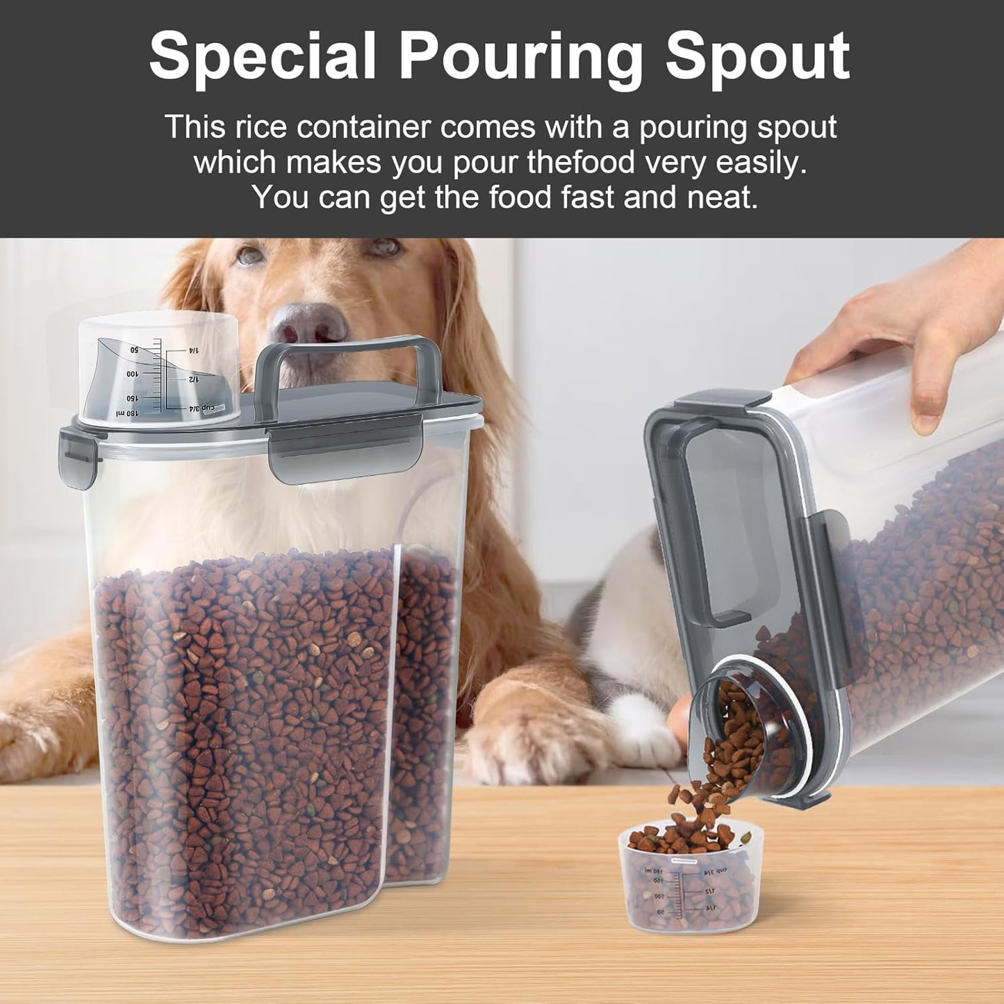 5-7Lbs Cat Dog Pet Food Storage Container with Large Nozzle Design/4 Safety Buckles/Double-Layer Sealing Strips/Handle/Measuring Cup is Easy to Clean and Does BPA-free (Clear Black)