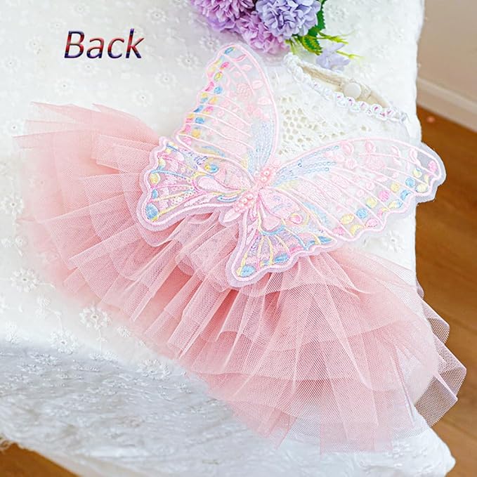 ANIAC Butterfly Dog Dress with Pink Tutu Funny Dog Clothes with Wing Girl Puppy Dress for Small Dogs Pet Butterfly Costume Holiday Cat Outfit for Halloween Birthday Wedding (Pink, X-Small)