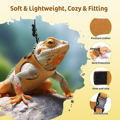 Pawaboo Adjustable Bearded Dragon Harness and Leash, 3 Size Leather Reptile Leash Outdoor Harness Leashs with Bat Wings for Lizard Reptiles Amphibians Small Pet, Small/Medium/Large, Brown