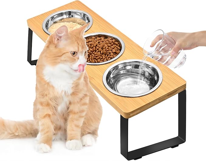Raised Cat Food Water Bowl，Small Dog 15 ° Tilted Elevated Food Feeding Tray with Three Stainless Steel Bowls to Protect The Spine of Cats and Dogs from Vomiting (Wood Color) (3 Bowls)