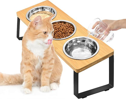 Raised Cat Food Water Bowl，Small Dog 15 ° Tilted Elevated Food Feeding Tray with Three Stainless Steel Bowls to Protect The Spine of Cats and Dogs from Vomiting (Wood Color) (3 Bowls)