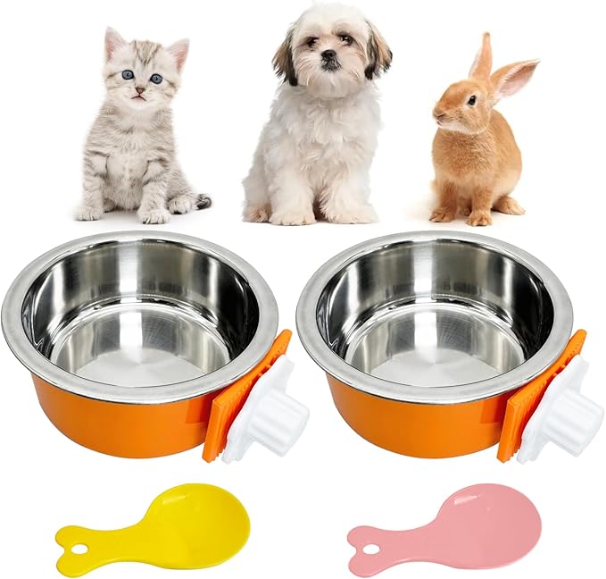 Hamiledyi Crate Dog Bowl Cat - Removable Stainless Steel Hanging No Spill Pet Bowl for Kennels Durable Detachable Design Fits Small Medium Dog Cages (2 Pcs, Orange