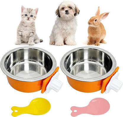 Hamiledyi Crate Dog Bowl Cat - Removable Stainless Steel Hanging No Spill Pet Bowl for Kennels Durable Detachable Design Fits Small Medium Dog Cages (2 Pcs, Orange