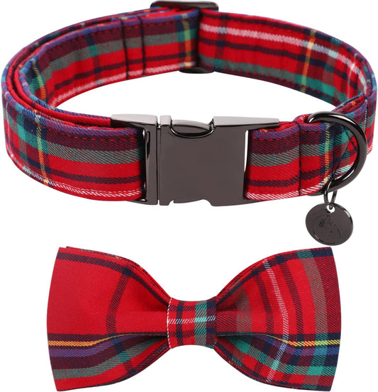 DOGWONG Christmas Dog Collar with Bow tie, Red Plaid Dog Collar Soft Durable Adjustable Cotton Red Tartan Gingham Puppy Collar for Small Medium Large Dog