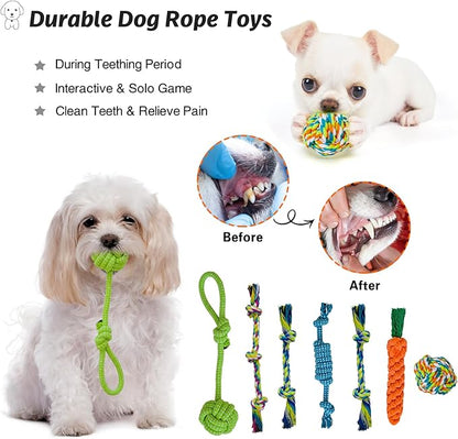 20Pcs Puppy Chew Toys for Teething, Dog Chew Toys with Rope Toys, Pet Dog Toothbrush, Treat Balls, Plush Toys and Squeaky Toy for Small Medium Dogs with Basket