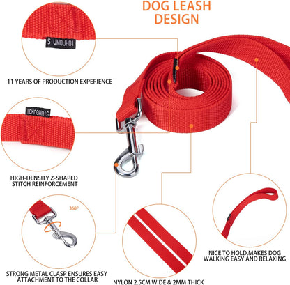 Strong Durable Nylon Dog Training Leash, 1 Inch Wide Traction Rope, 6 ft 10ft 15ft Long, for Small and Medium Dog (Red, 6 Feet)