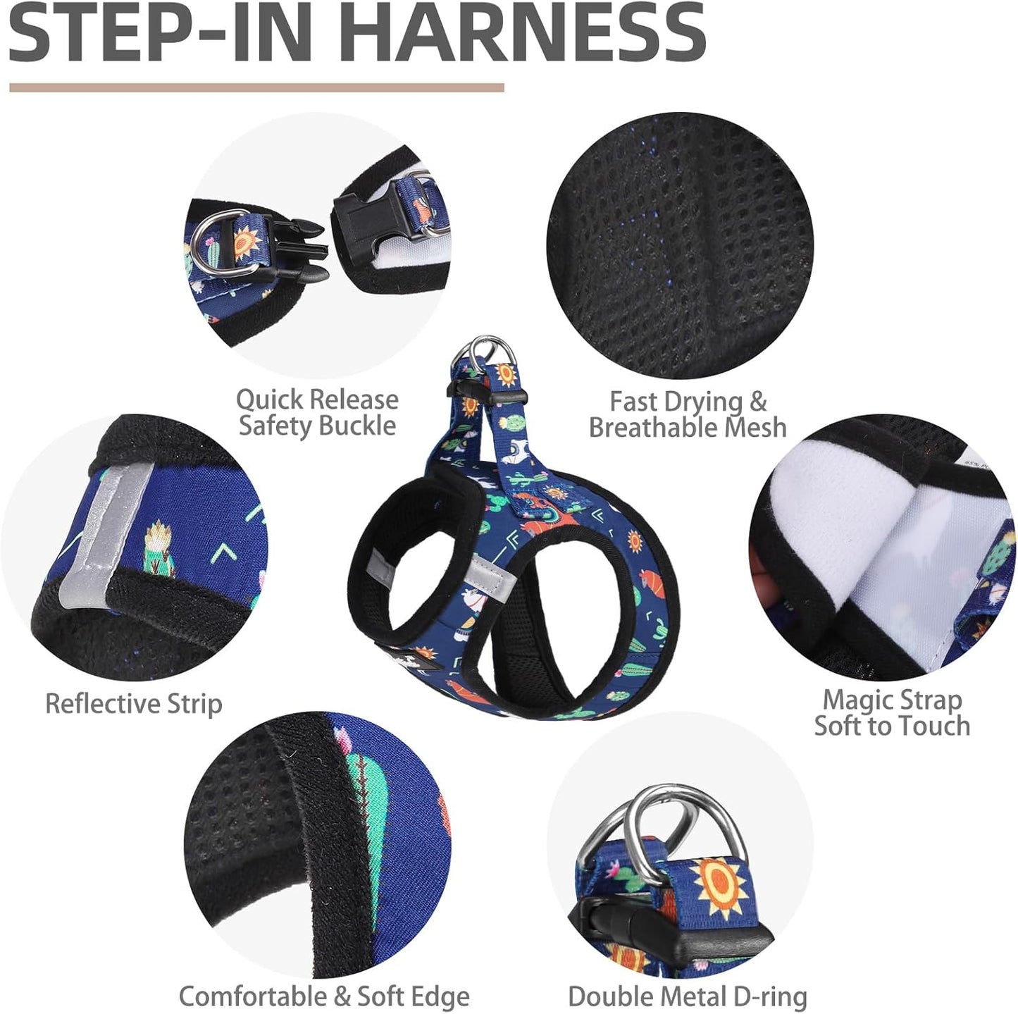 PUPTECK Adjustable Dog Harness Collar and Leash Set, Step in No Pull Pet Harness for Small Medium Dogs Puppy Cats Outdoor Walking, Soft Mesh Padded Reflective Vest Harnesses, Navy Blue Alpaca, XXS