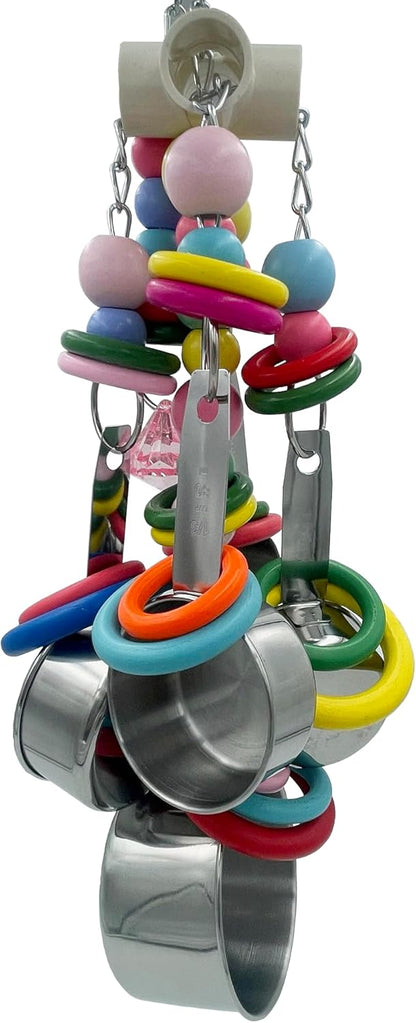 Metallic Pots and Multicolored Ring Strings Toys, Pullable 5 Stainless Steel Cups and Wooden Ring Toys for Large and Extra Large Parrot Amazons Macaws African Greys Cockatoos Eclectus