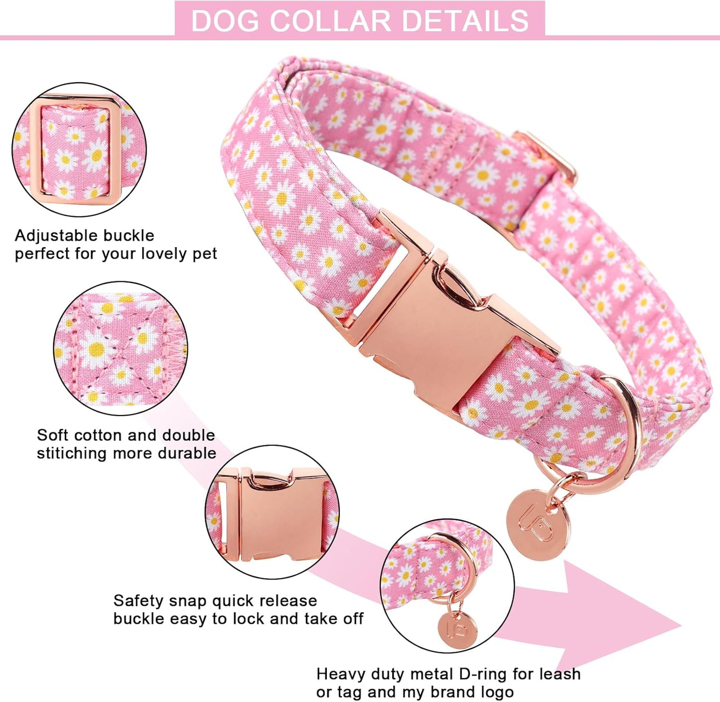 Daisy Summer Cotton Dog Collar with Metal Buckle Gift Pink Collar for Small Medium Large Girls or Boys Dogs Cute Durable Comfortable Pet Collars