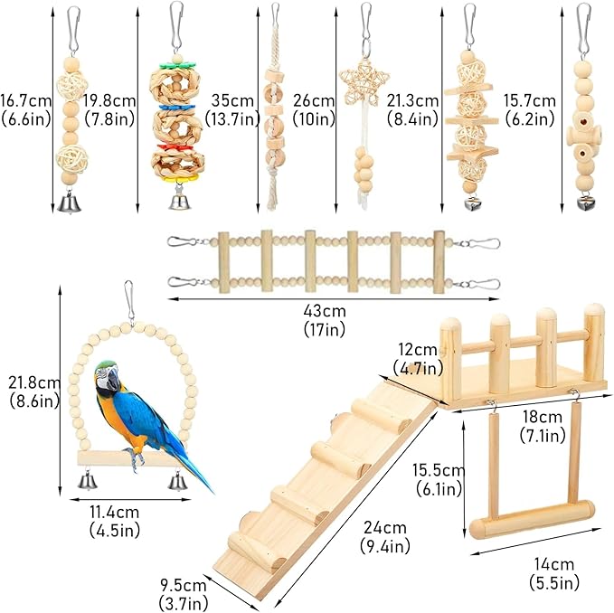 Bird Swing for cage Parakeet Parrot Swing Wood Hemp Rope Ladder Toy Play Gym Hanging Swing Parrot Perch Hammock Toy for Budgerigar Conure Cockatiel mynah Finches Small Medium Breeds 10pcs