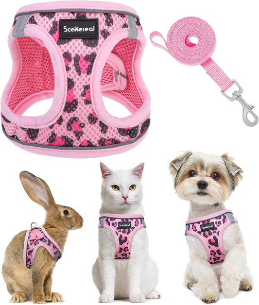 SCENEREAL Cat Harness & Leash Set Escape Proof - Adjustable Air Mesh Vest with Reflective Strips for Kittens, Puppies, Rabbits, Pink Leopard S