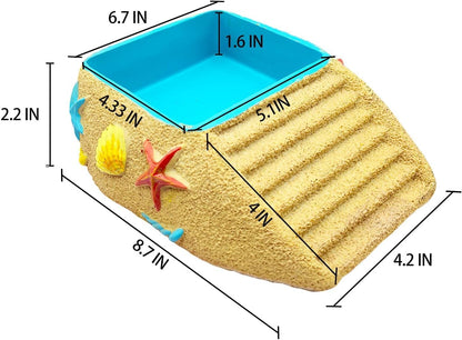 Tortoise Water Bowl,Reptile Water Dish,Resin Bearded Dragon Feeding Bowl with Ramp, Hermit Crab Bathing Pool, Lizard Food Dish Terrarium Decor for Turtle,Gecko,Chameleon,Frog(L)
