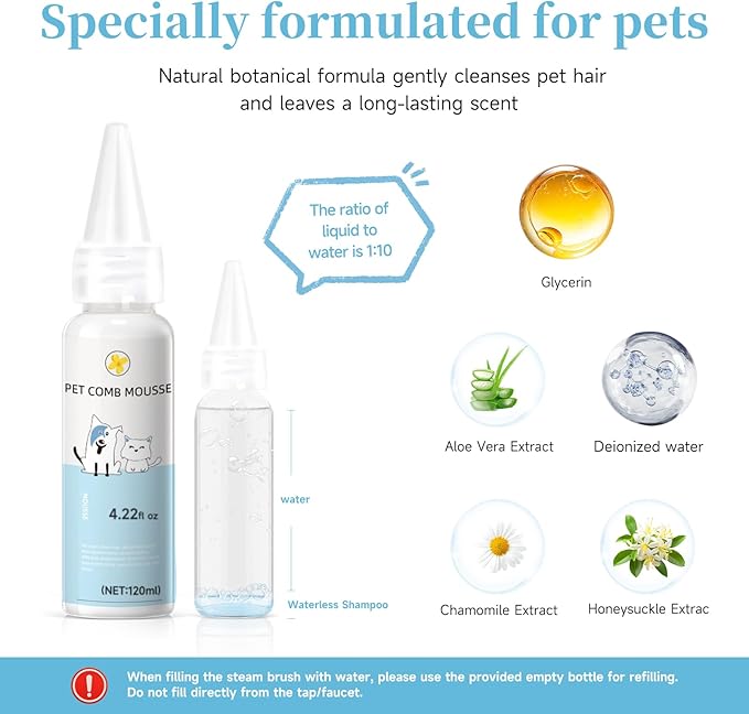 Pet Steam Brush for Dog & Cat – 3-in-1 Spray Hair Removal Comb – Steam for Shedding & Grooming – Water Brush for Long & Short Haired Pets – Spritz Defur Comb – Includes Waterless Shampoo